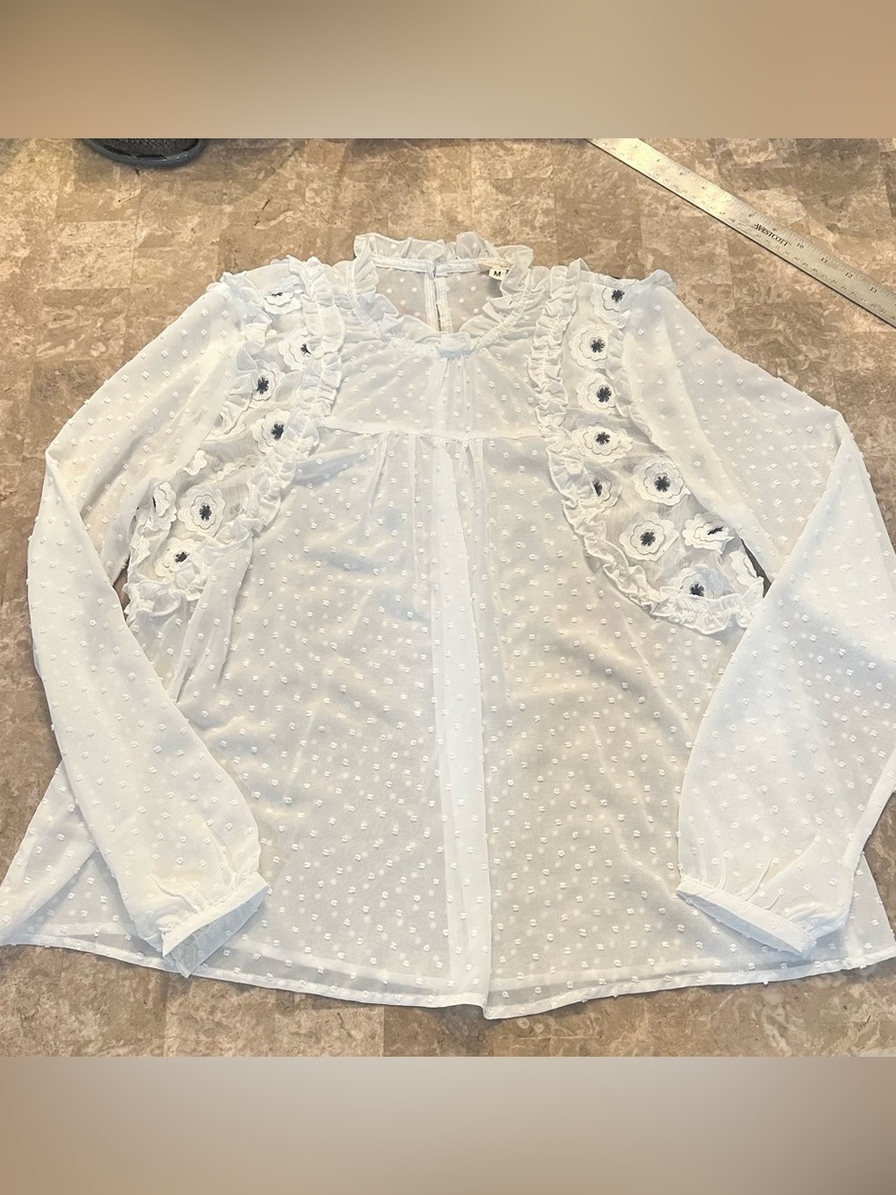 POL Swiss Dot Long Sleeve Blouse Ruffle Floral Detail Womens Medium - Ivory